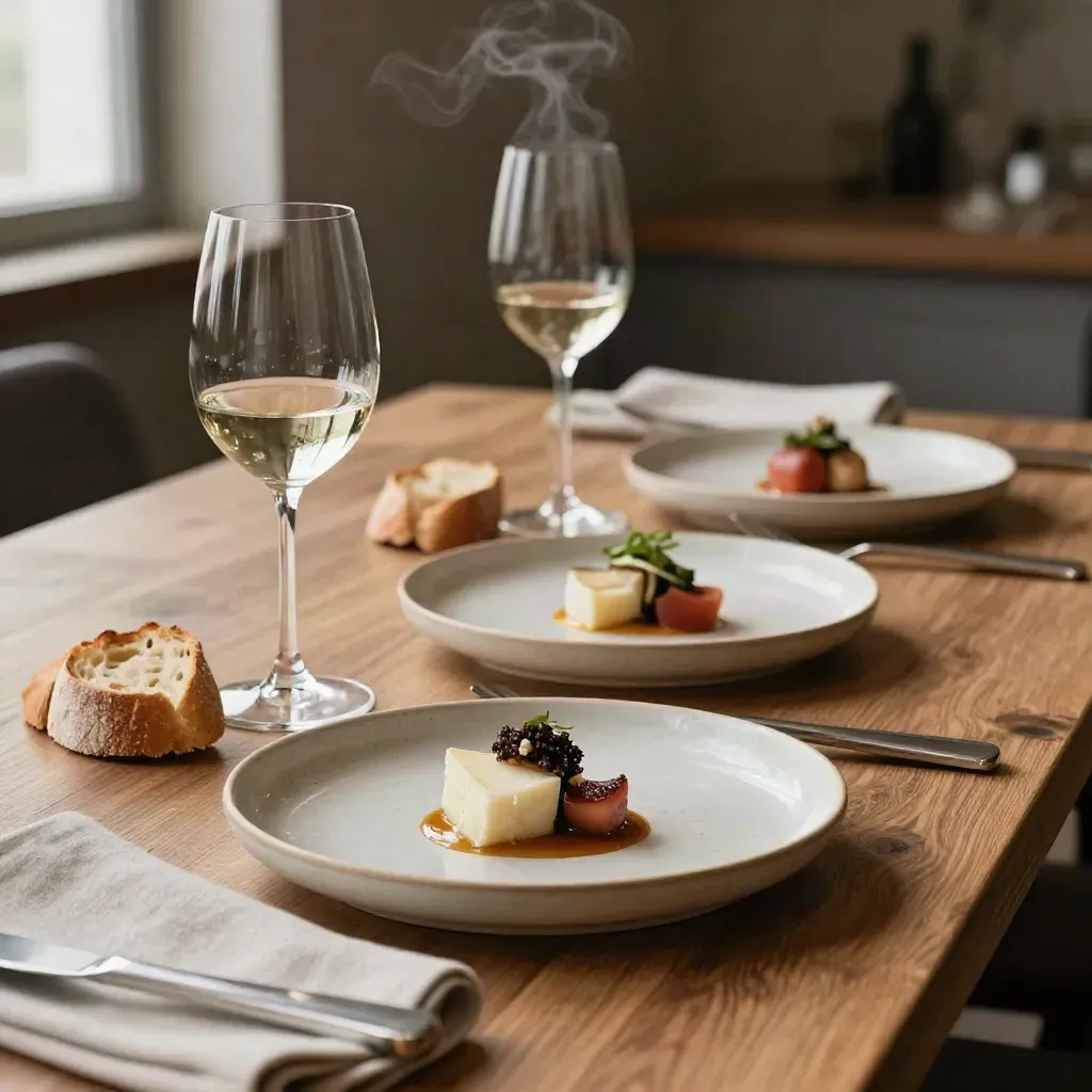 Drei kleine Gänge mit Käse und Wein auf einem schmalen Tisch in Stuttgart.