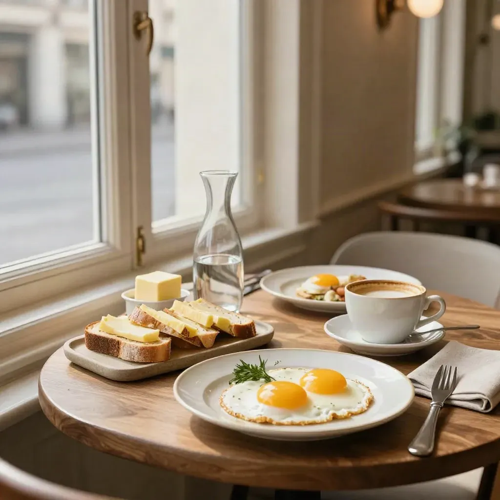 Brunch-Tisch am großen Fenster im Prenzlauer Berg mit Eiern, Butterbrot und Kaffee