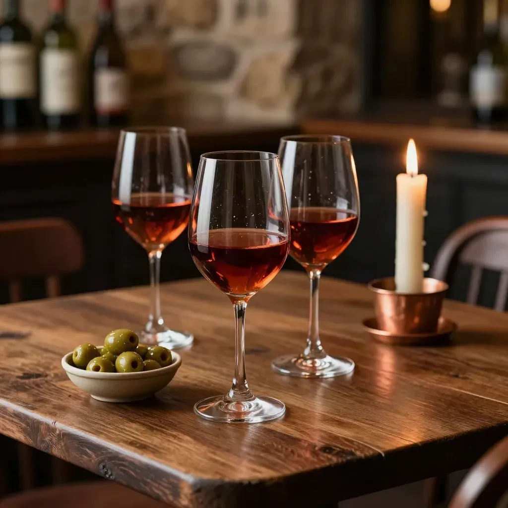 Altstadt-Weinbar-Tisch mit Weingläsern, Olivenschale und flackernder Kerze auf dunklem Holz